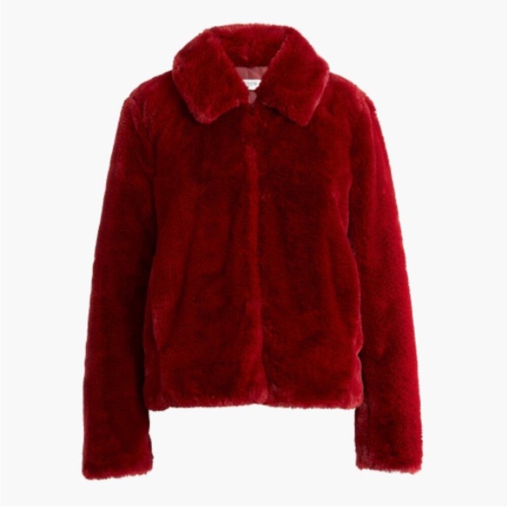 J Crew Red Burgundy Faux Fur Cropped Coat Jacket Women’s Size Small